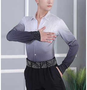 Men's youth royal blue white black gradient competition latin dance shirts modern waltz tango flamenco chacha salsa dance tops for man